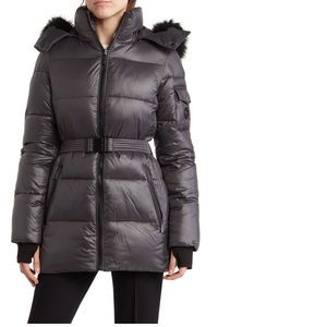 Michael Kors Faux Fur Belted Hooded Puffer Jacket Size S Gun Metal color
